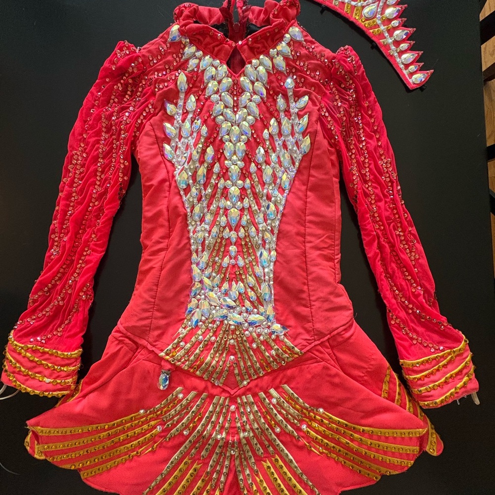 Coral Pink and Gold Embellished Irish Dance Dress
